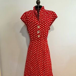 April Cornell Lightweight Red Dress with White Polkadots and Tie Back
